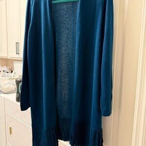 Chico's Deep Blue Open-Front Cardigan with Fringe